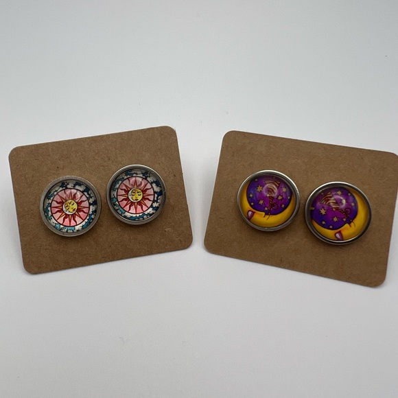 Classic Celestial Stud Earring Set - Moon and Sun Stud Earring Set - Boho Studs - Picture 8 of 12
